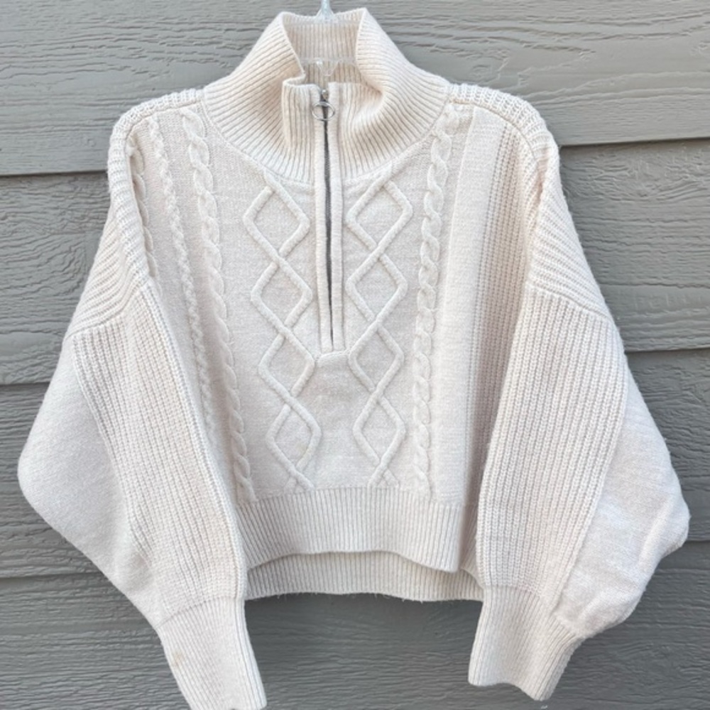 Urban Outfitters Cream Sweater Medium 1/4 Zip Dolman Sleeve Chunky Knit Cable‎ - Picture 10 of 13